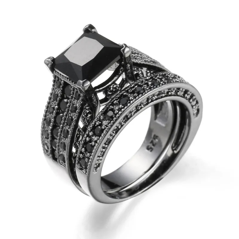Fancy Black Princess Cut Bridal Sets in Black Sterling Silver - Picture 4 of 6